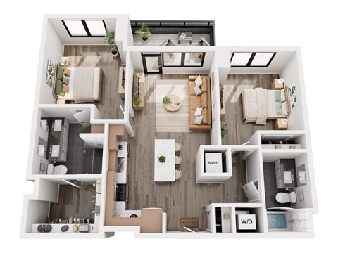 Floor plan for 2 beds, 2 baths, 925 sqft
